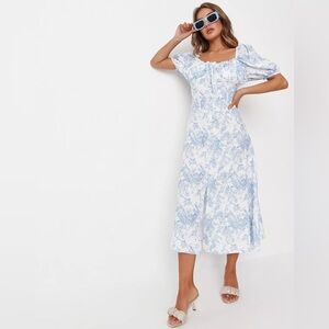 Missguided Blue Floral Button Front Milkmaid Midi Dress